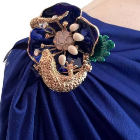 Roberto Cavalli Blue Evening Gown Jeweled Lizard Shoulder Accent Size 38 EUC - Picture 2 of 8